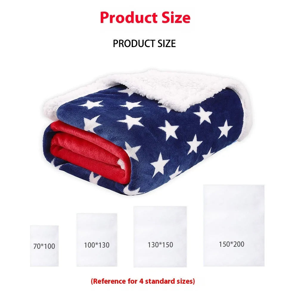 Striped American-style polyester blanket folded, showing size options for autumn and winter warmth.