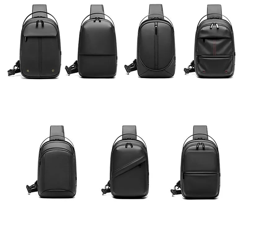Black Oxford cloth multifunctional crossbody bag for men with zipper closure and shoulder strap on neutral background