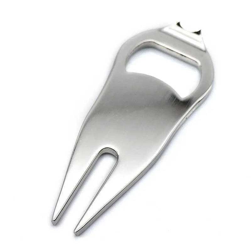 Zinc alloy golf tool with ball fork, yoke, and bottle opener functions in black, green, or silver