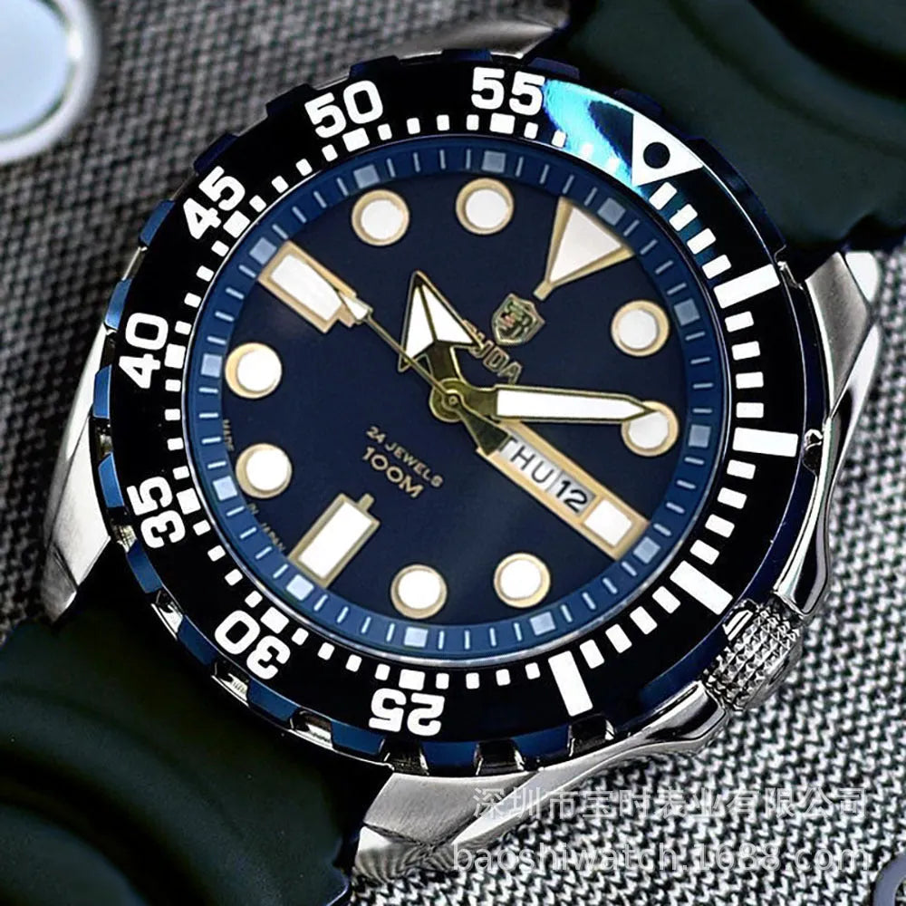Men's waterproof quartz watch with luminous hands showing blue dial and steel bracelet option