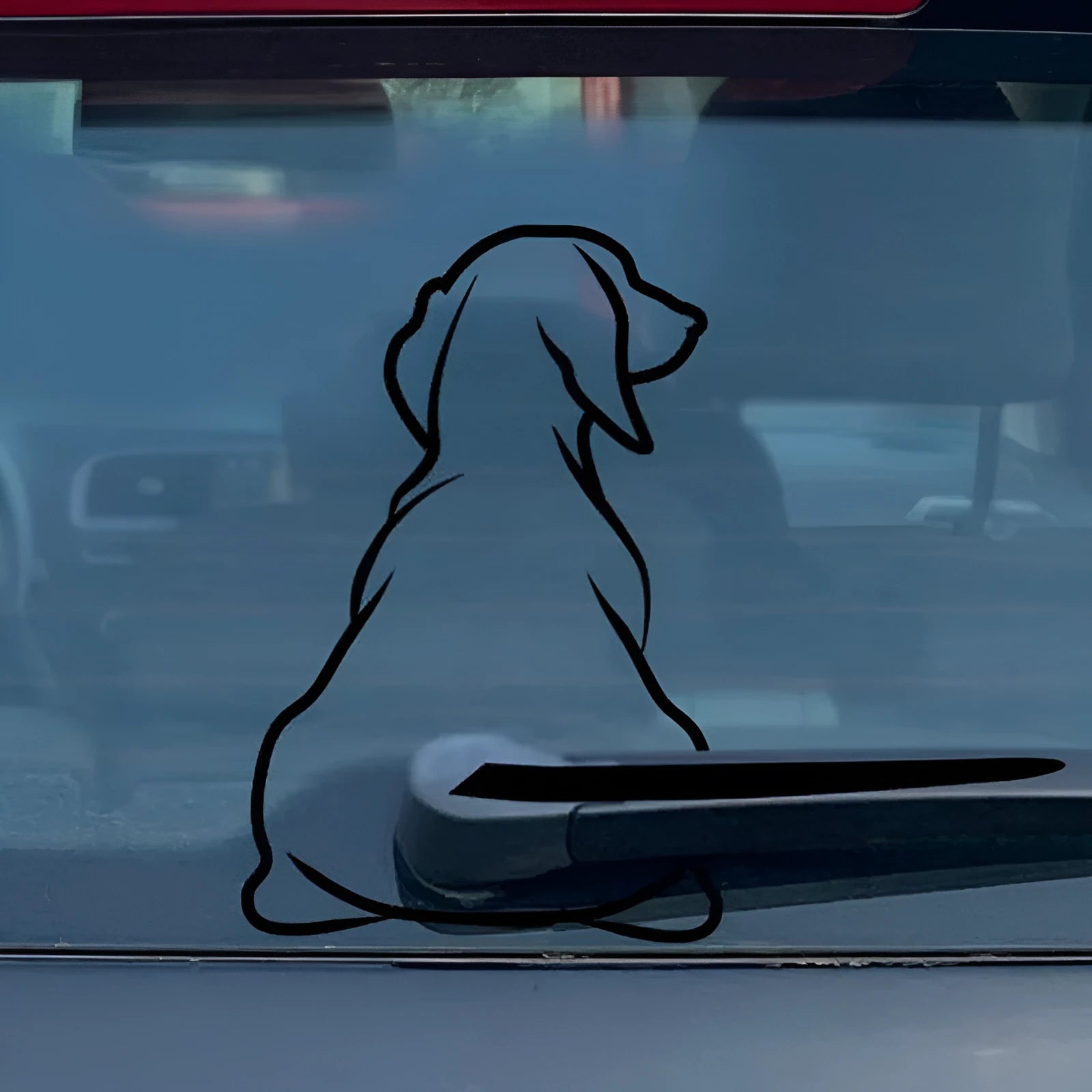 Black and white cartoon dog car rear window sticker with separate tail for wiper motion effect.