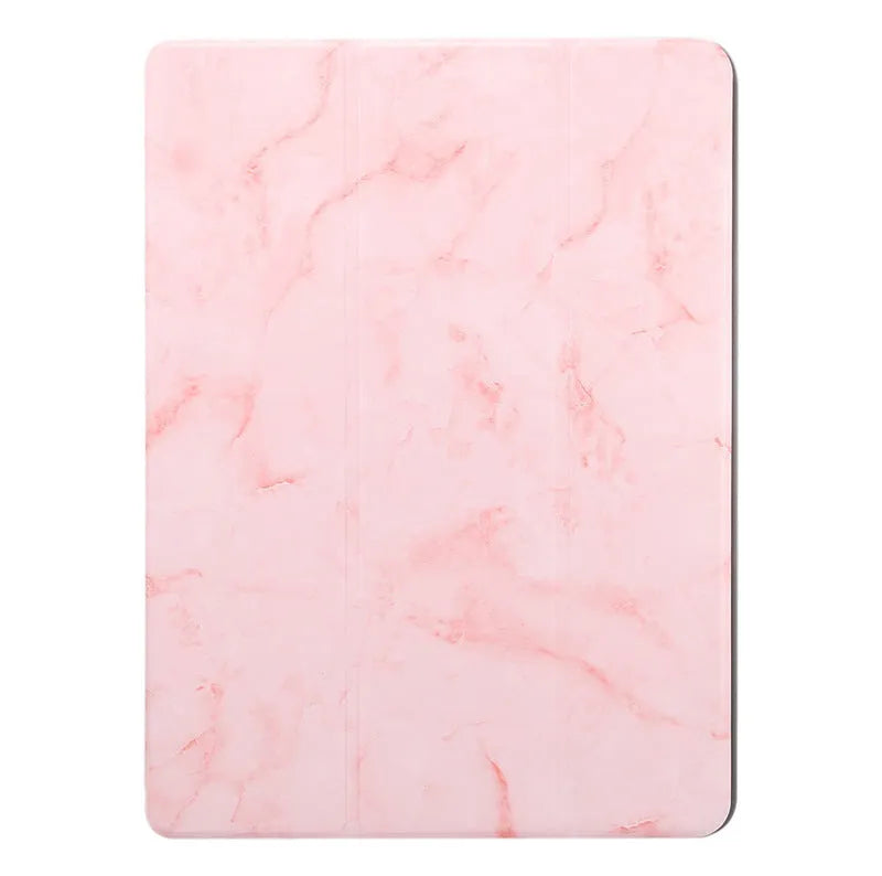 Tri-fold marbling design iPad case with pen slot in dark grey colour showing protective features