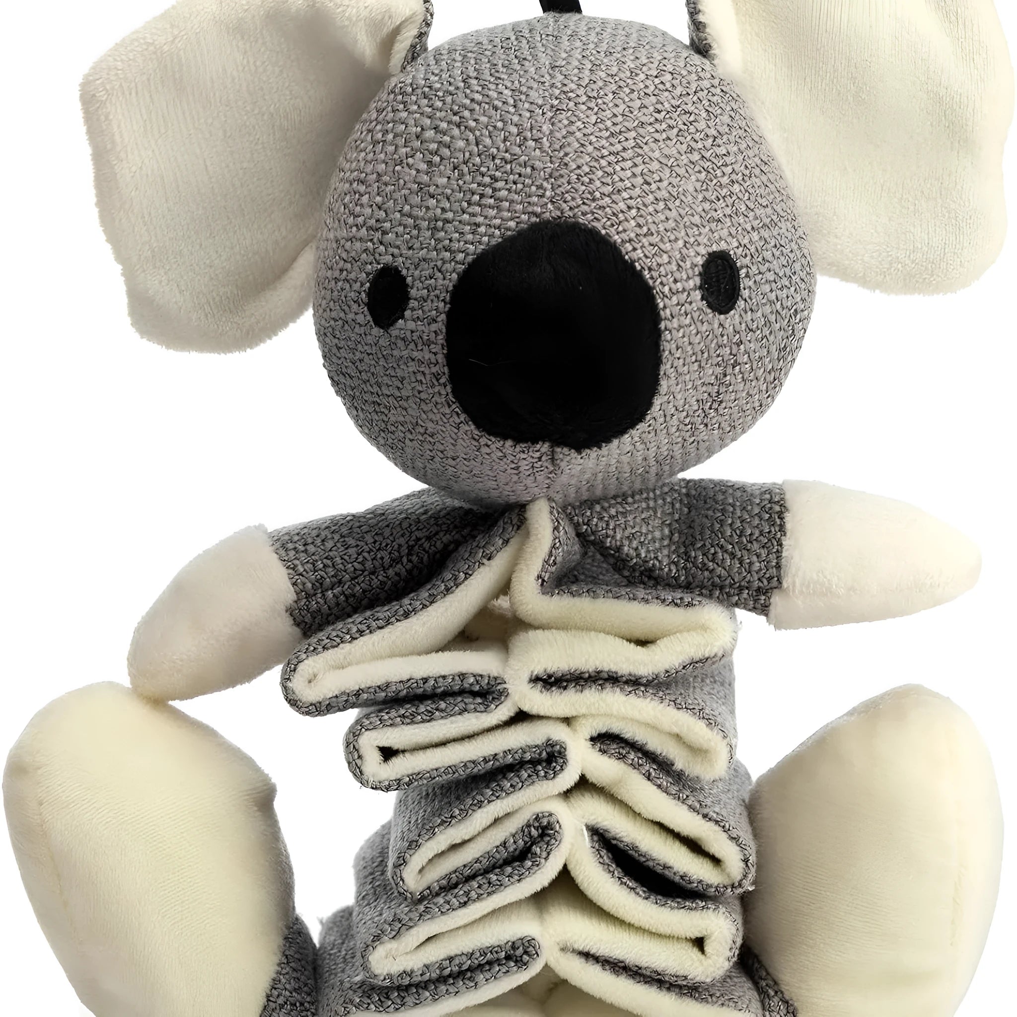 Grey koala plush dog toy measuring 30cm with crinkle paper squeaker and rope reinforcement