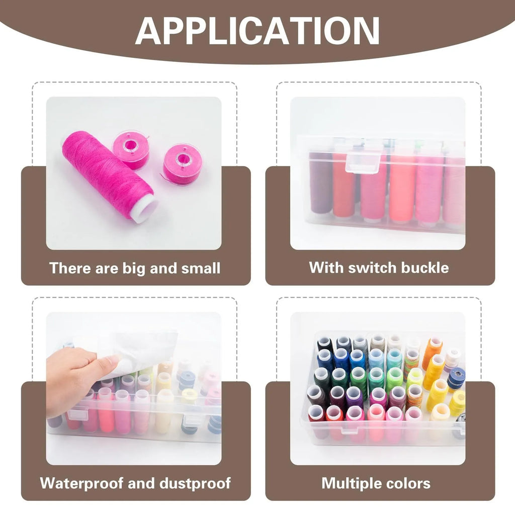 42-compartment plastic embroidery storage box in transparent, pink, or blue colour showing organised thread compartments