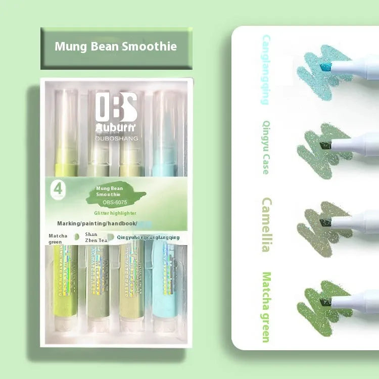 Set of four glitter highlighter pens with slanted tips showing six glitter ink colours including taro puff and mung bean smoothie