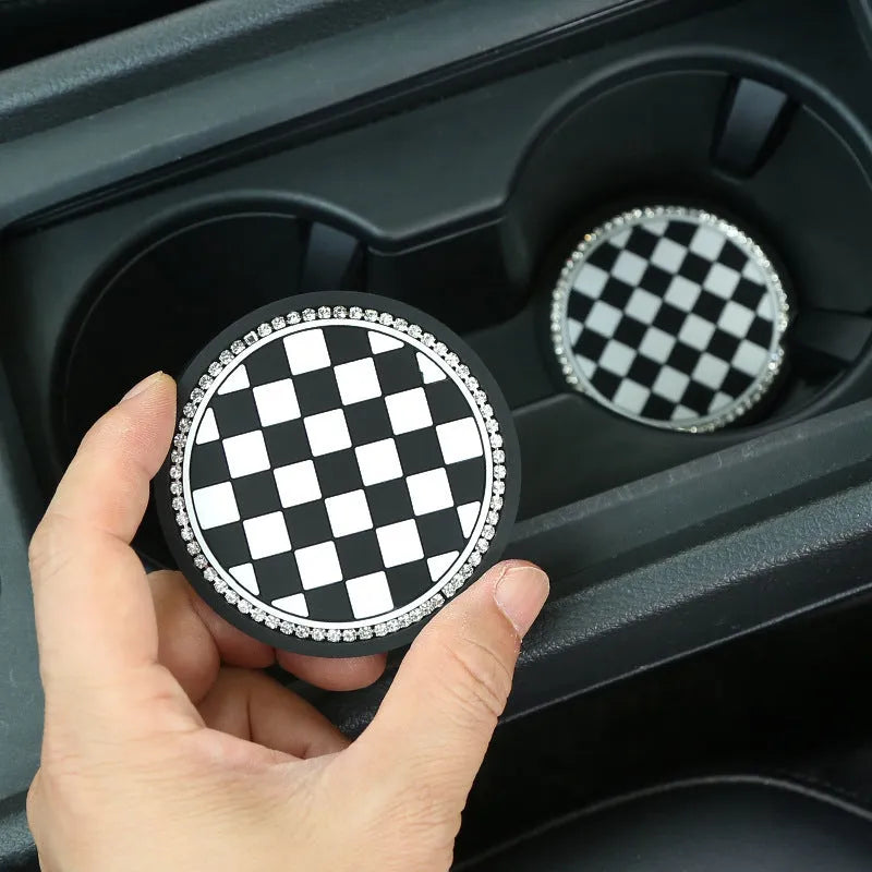 PVC car cup holder mat with non-slip base in black and white checkerboard pattern
