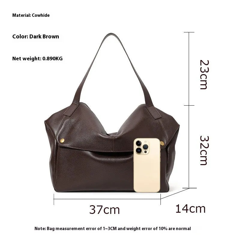 Brown genuine leather women's shoulder bag with horizontal square design