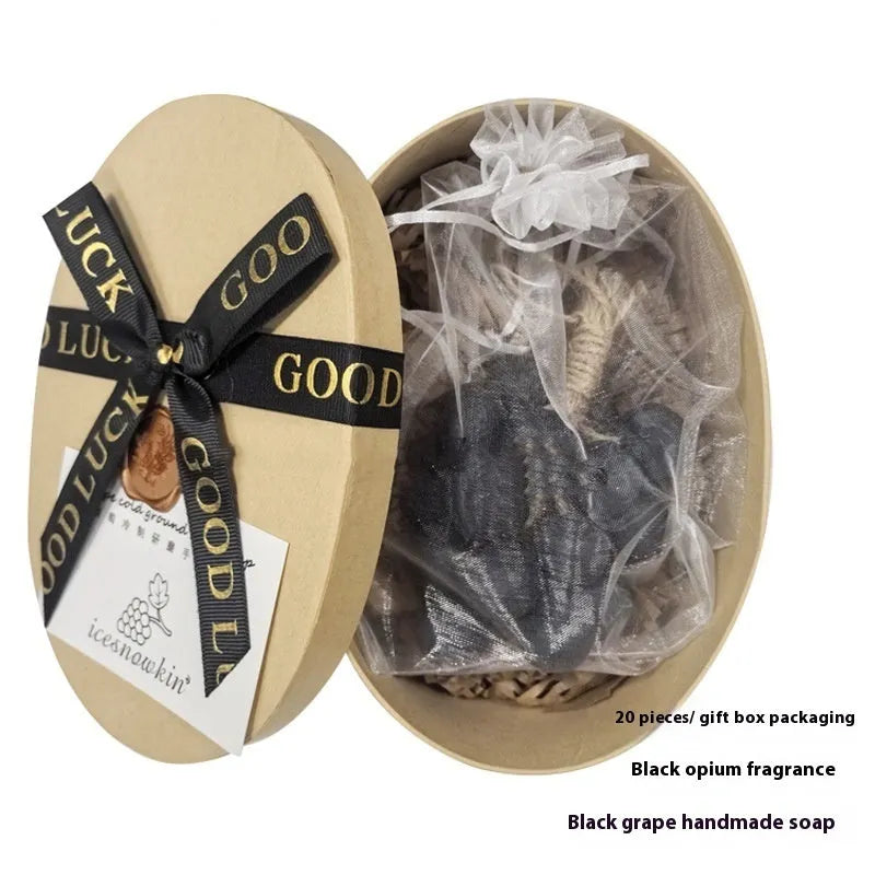 Grape handmade soap bars in black, green, purple and litchi variants showing mesh bag, gift box and long case packaging.