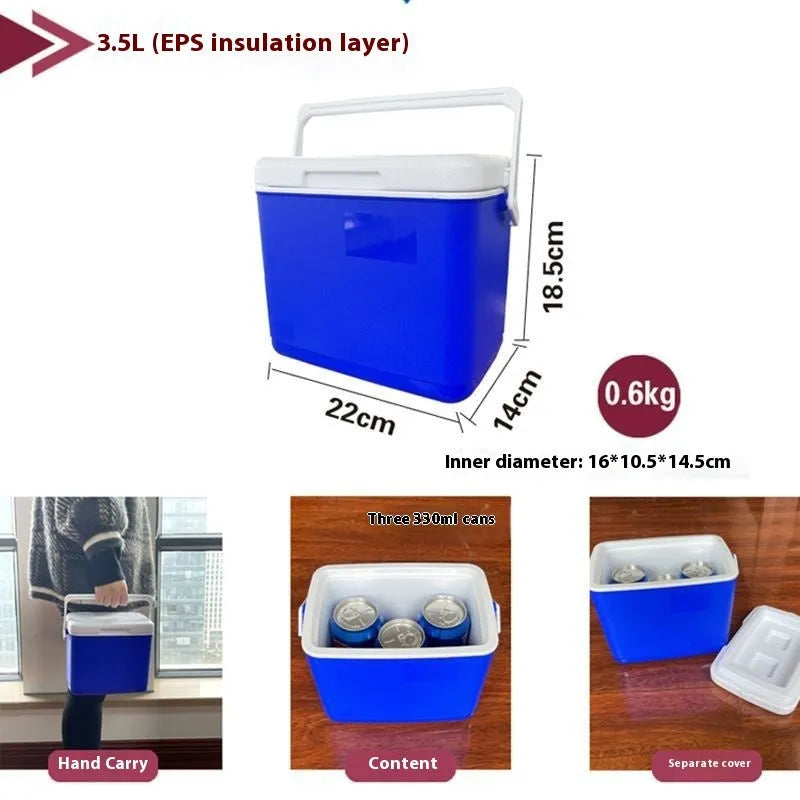 Blue portable insulated cooler box with aluminium foil construction and multiple capacity options.