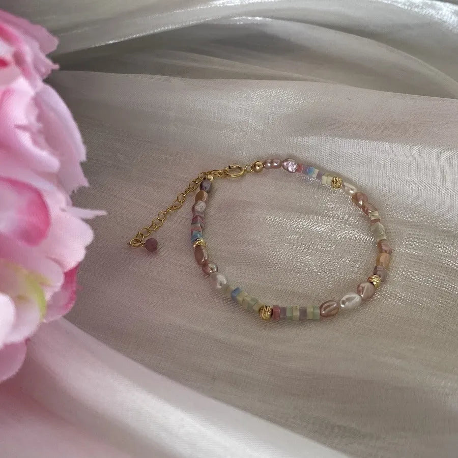 Purple natural pearl bracelet and necklace set on 14K gold-plated silver with U-shaped design