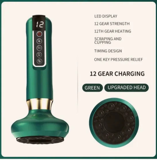 Green electric vacuum cupping massager device with suction cups and USB charger.