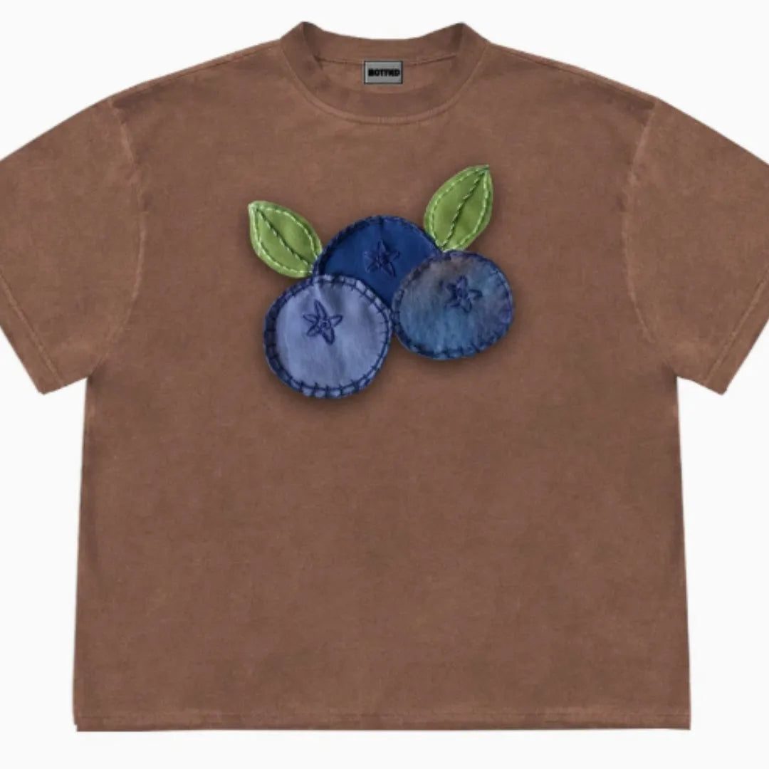 Blueberry patchwork style T-shirt with fruit print design in ice oxygen cotton material