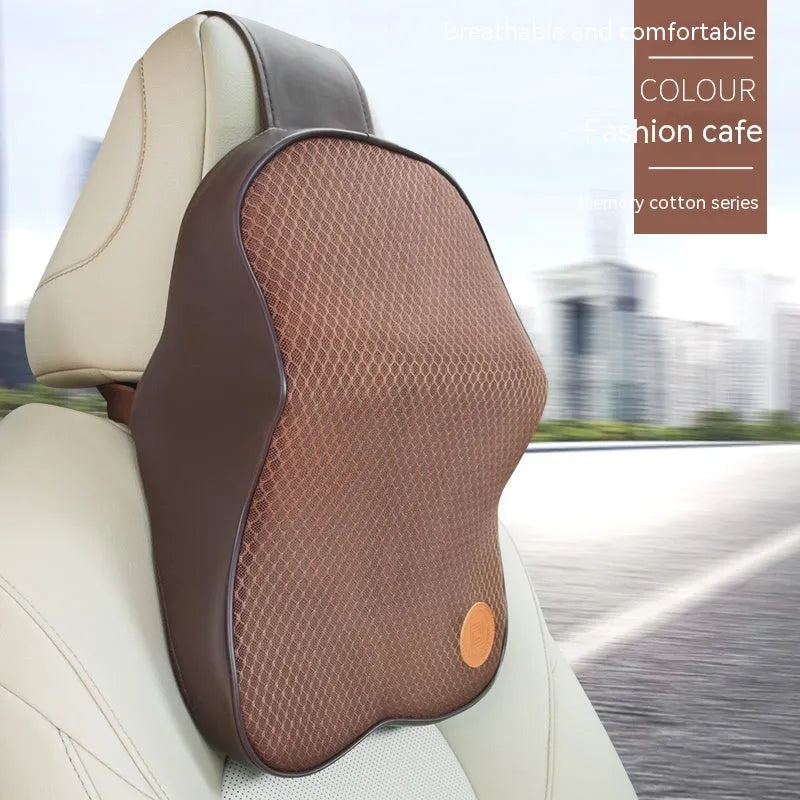Black memory foam car headrest pillow and lumbar support pillow set on car seat