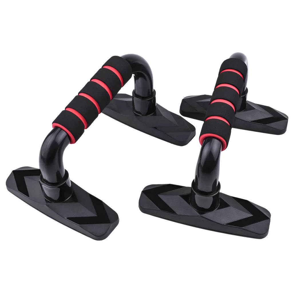 Pair of black I-shaped push up bars with textured PP sponge grips on a floor