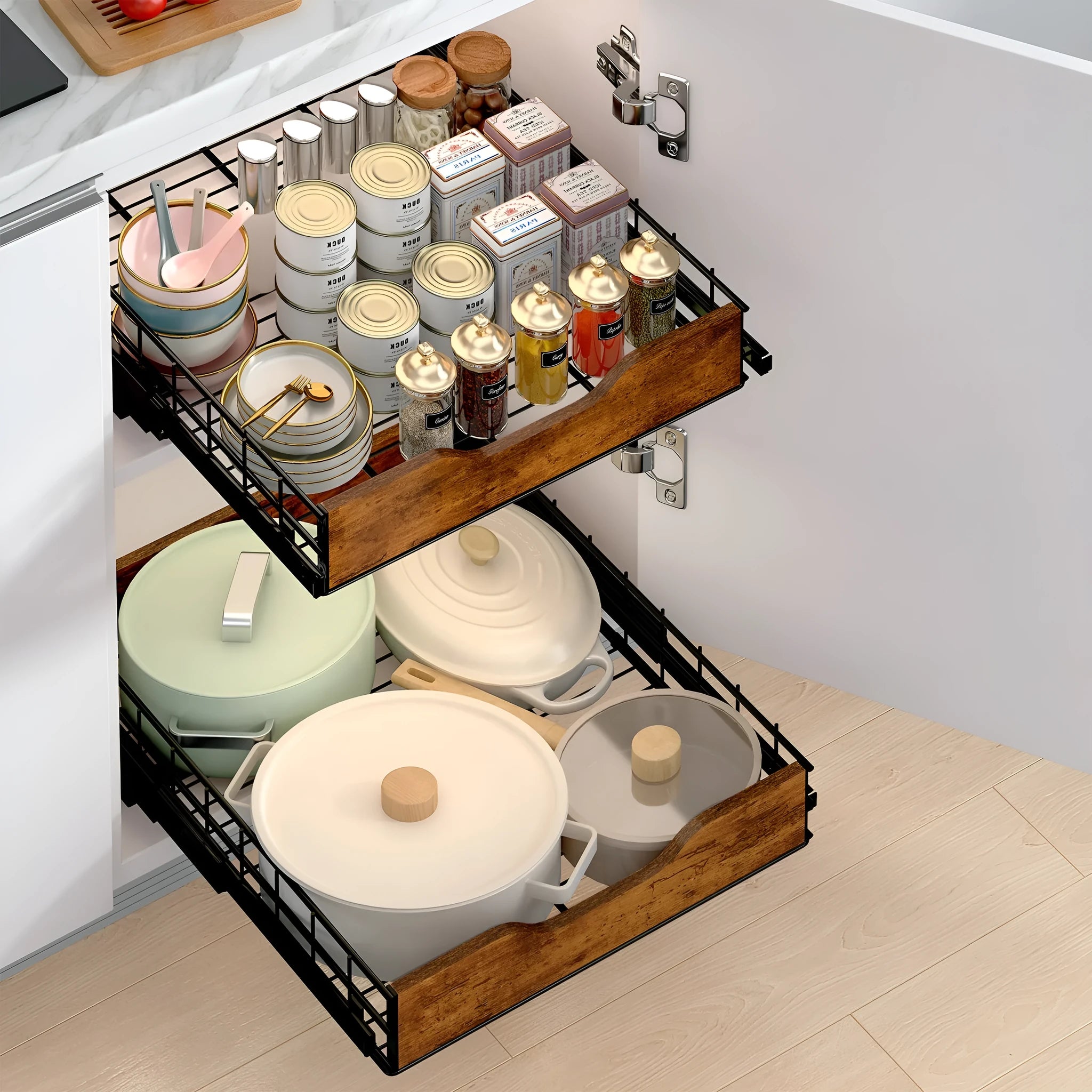 Black kitchen storage rack with pull basket drawers made from wood and iron materials