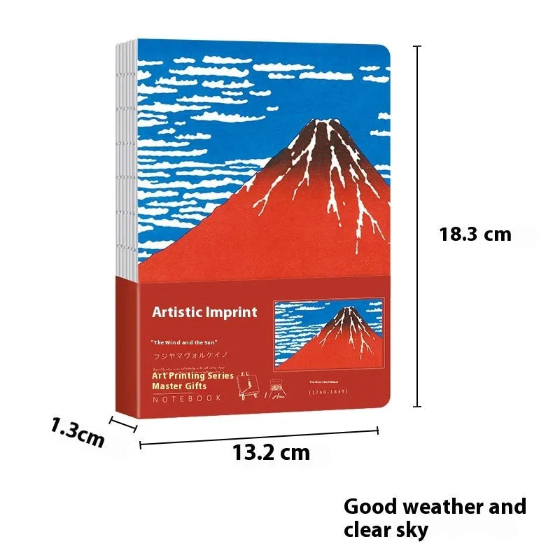 Hardback Ukiyo-e series hand ledger notebook with retro Japanese print cover, open to show 100g paper pages.