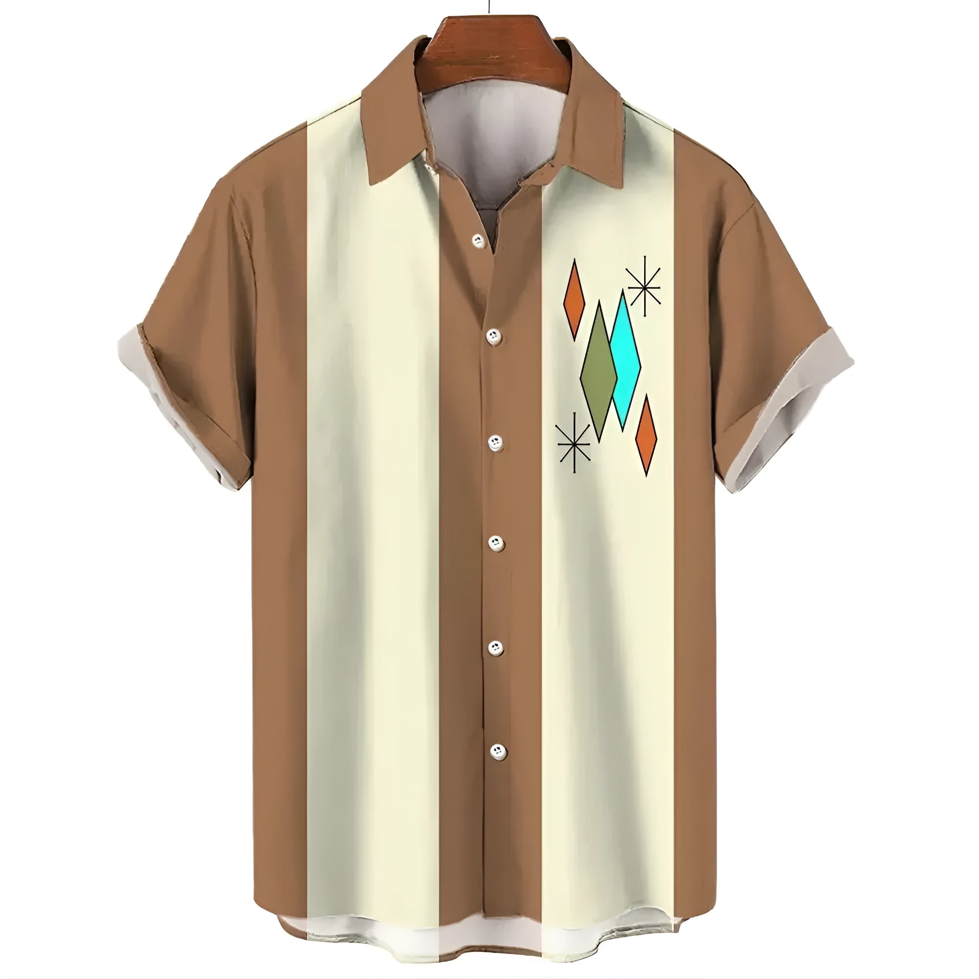 Man wearing a striped short sleeve Hawaiian-style button-up shirt in a casual setting.