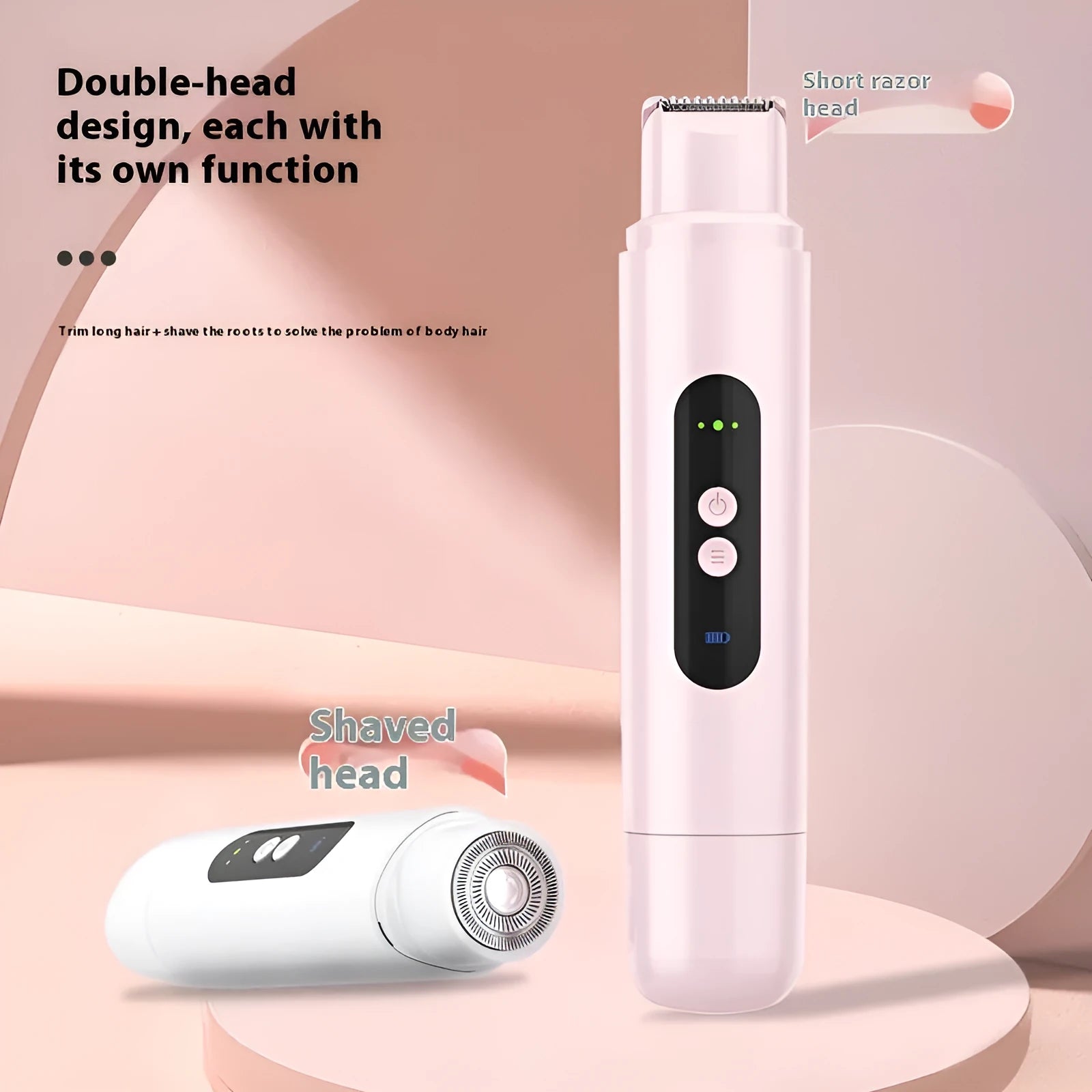 Pink and white portable electric armpit hair trimmer with USB charging cable