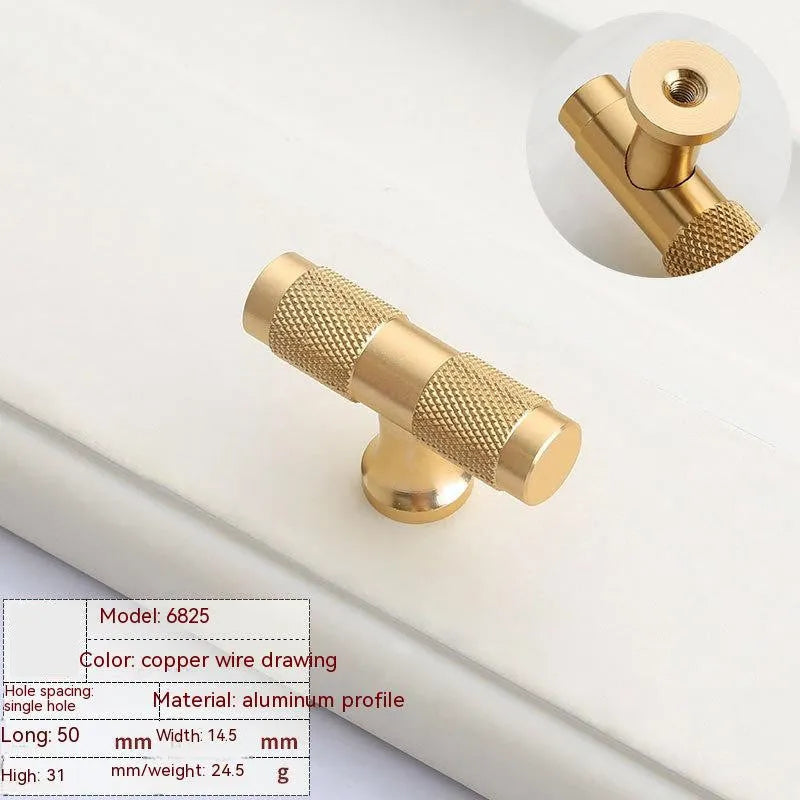 Aluminium alloy furniture handle with brushed brass finish showing multiple hole spacing options
