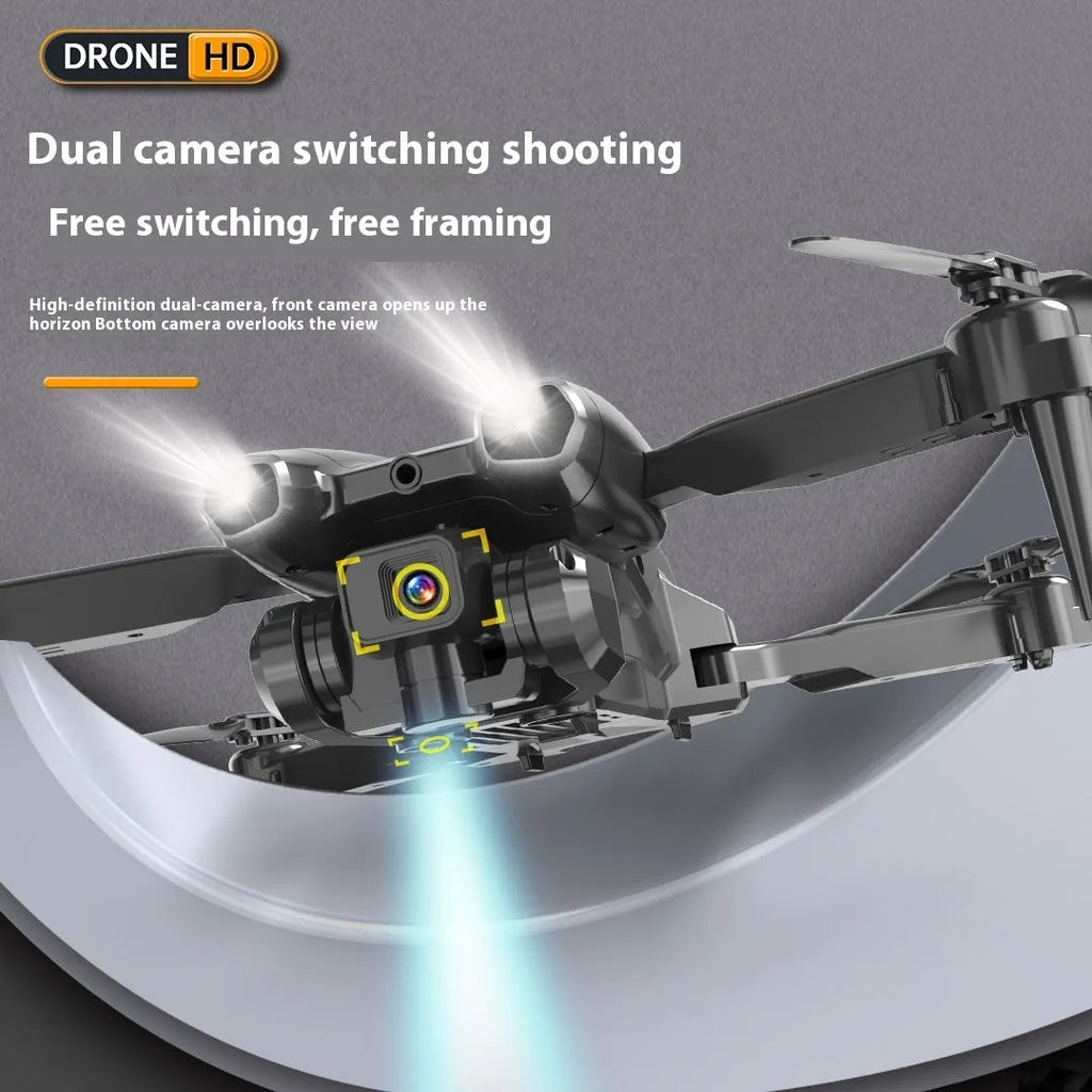 S138 black carbon fibre folding drone with propellers extended, showing dual camera and obstacle avoidance sensors.