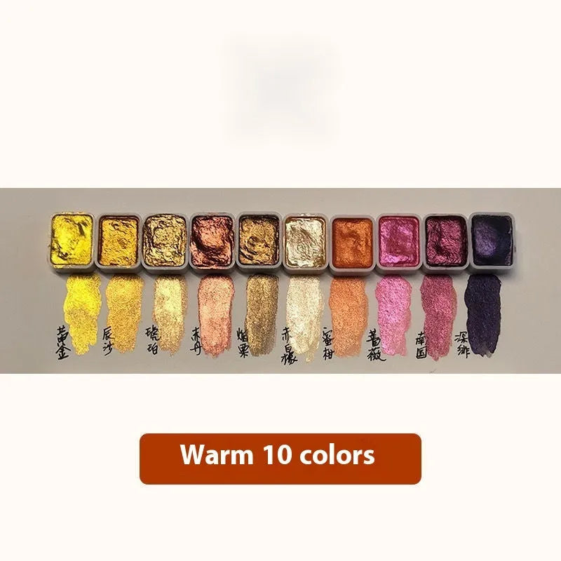 Traditional Chinese painting watercolour set with tubes of red, white, gold, and warm and cold colour palettes.