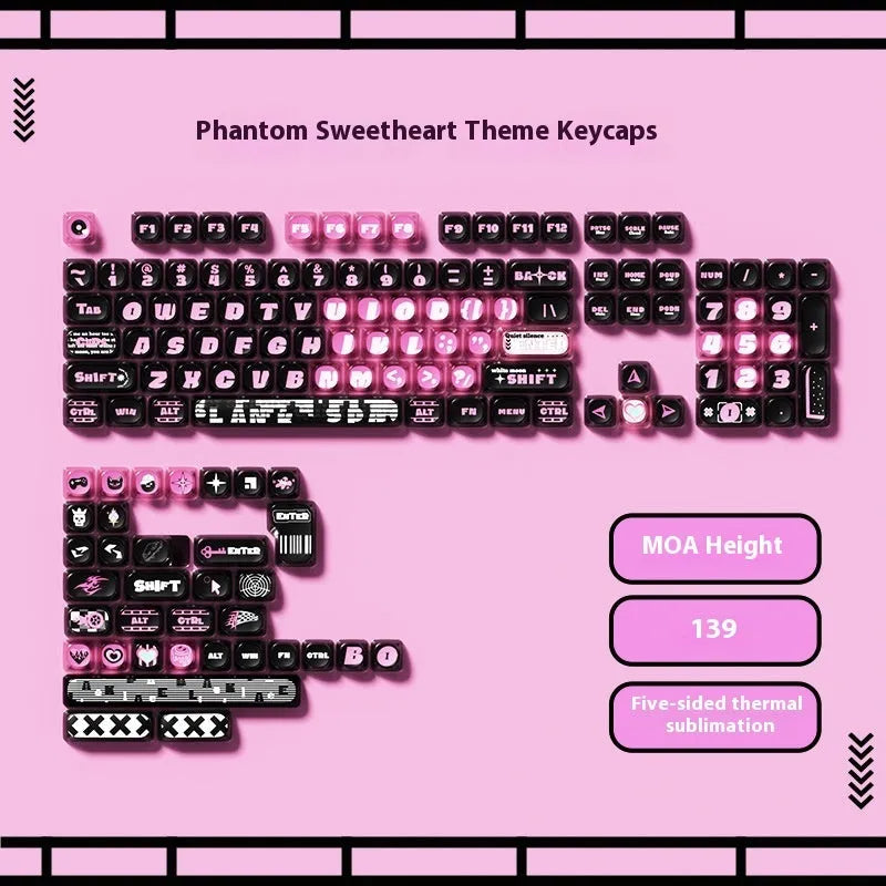 Sublimation printed cartoon pig party themed keycap set for mechanical keyboard, showing full 138-key layout.