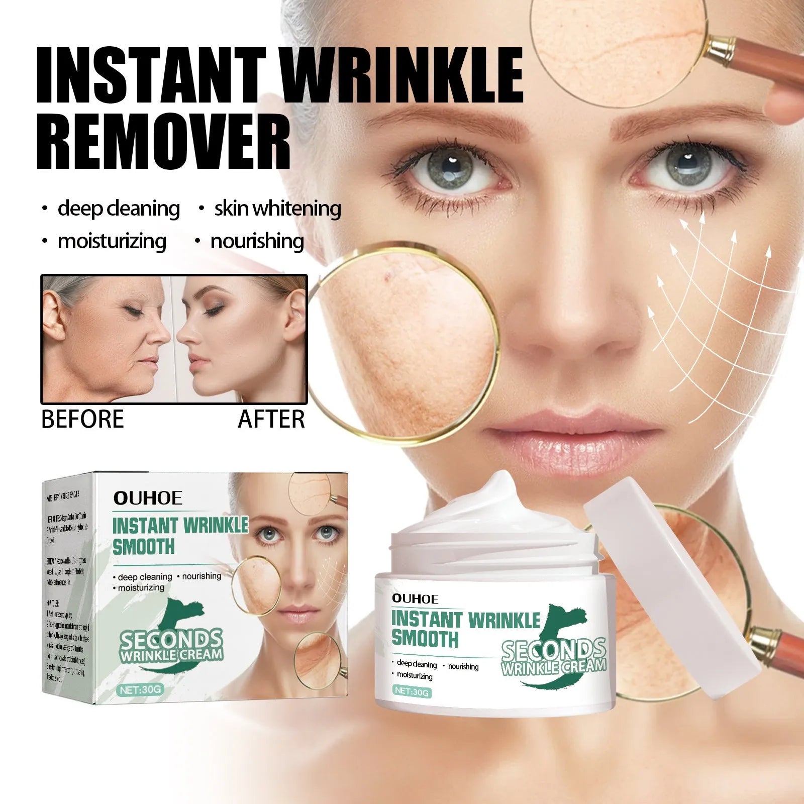 30g anti-ageing anti-wrinkle face cream container with hydrating formula for daily skincare use