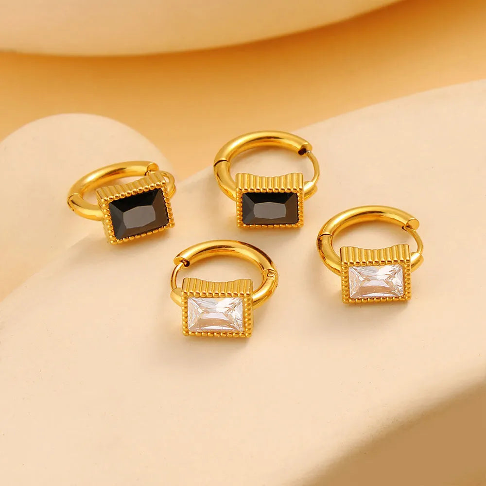 Geometric square stainless steel earrings with zircon detailing in electroplated white, black and green colours