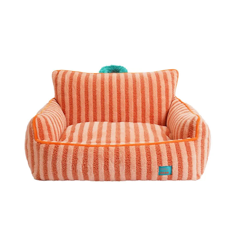 Striped soft velvet dog bed with removable cover in yellow, orange, and purple colour options.