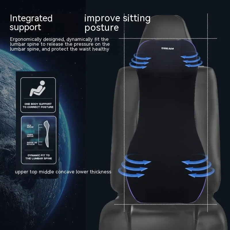 Integrated automotive memory foam seat cushion and headrest lumbar support pillow in various colours.