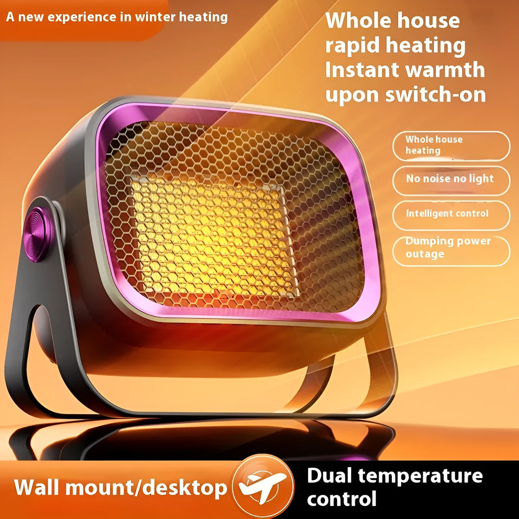 Compact white PTC ceramic desktop heater with rotatable body on a wooden desk.