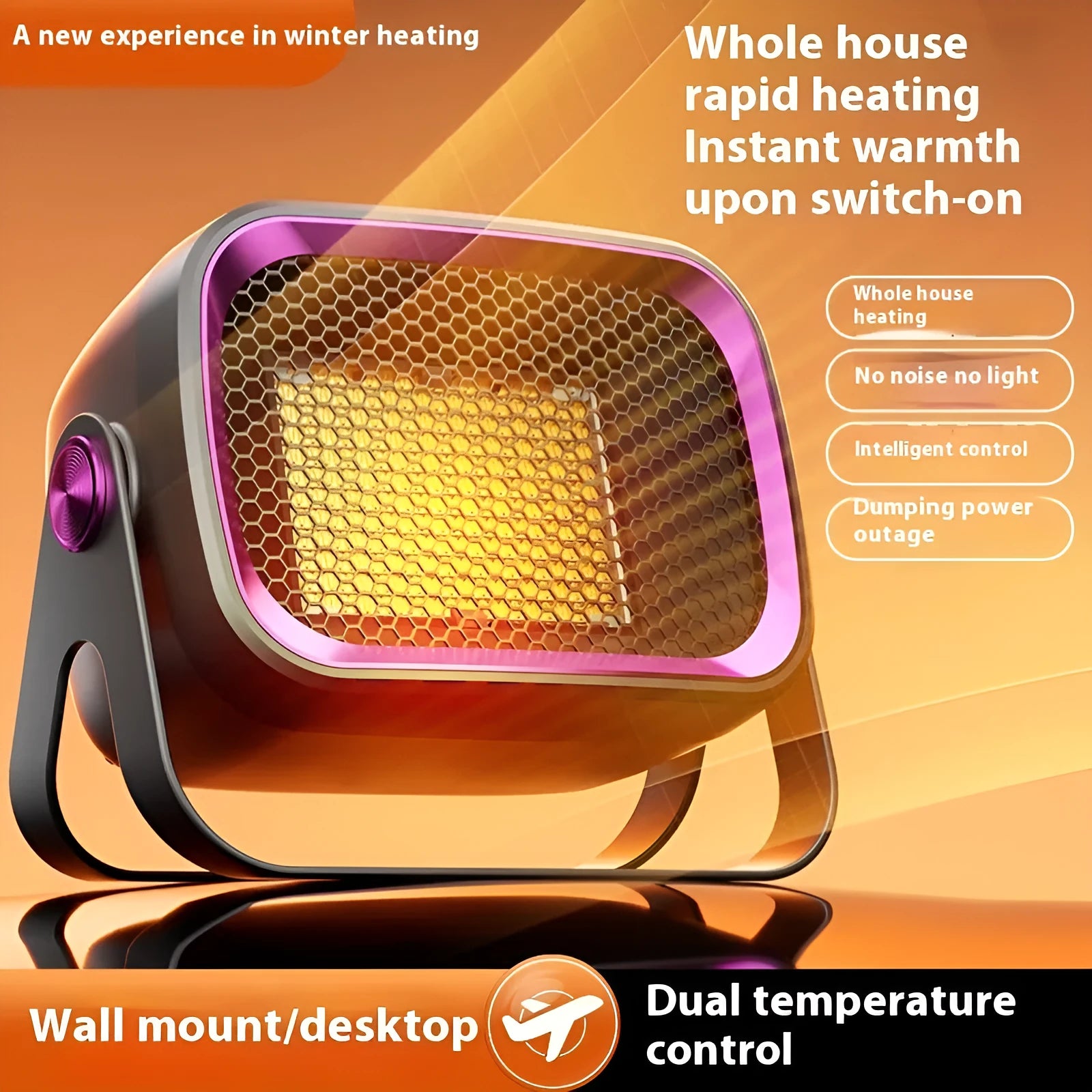 Compact white PTC ceramic desktop heater with rotatable body on a wooden desk.