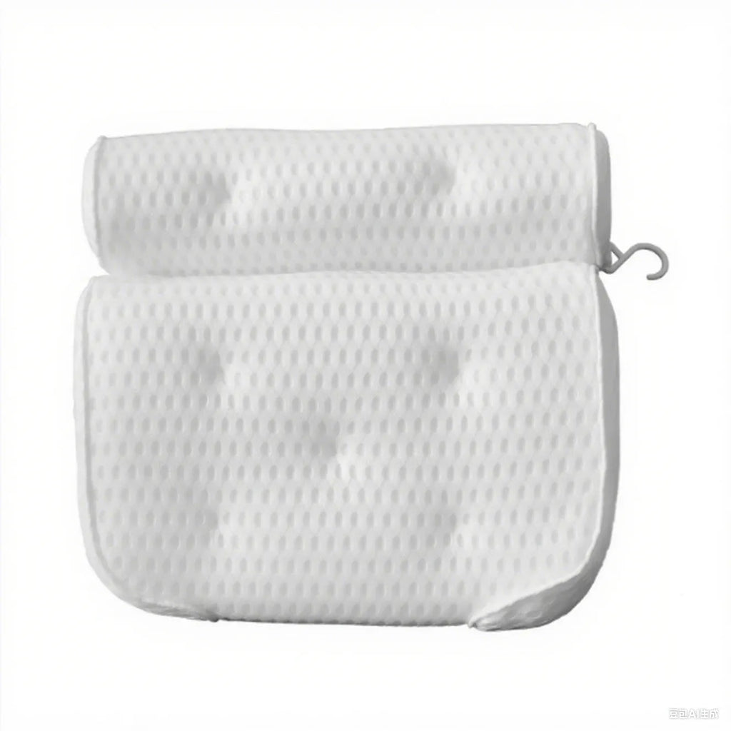 White bathtub pillow with 4D mesh fabric and suction cups on a flat surface.