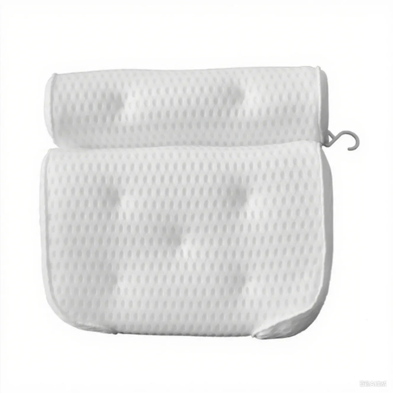 White bathtub pillow with 4D mesh fabric and suction cups on a flat surface.