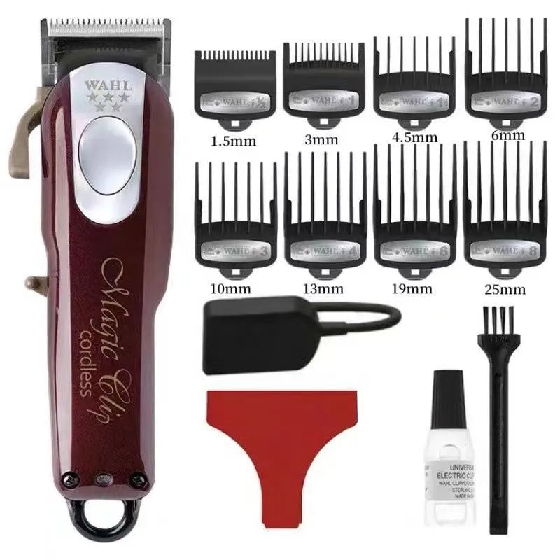 Cordless charging hair clipper set with stainless steel cutter head on a table.