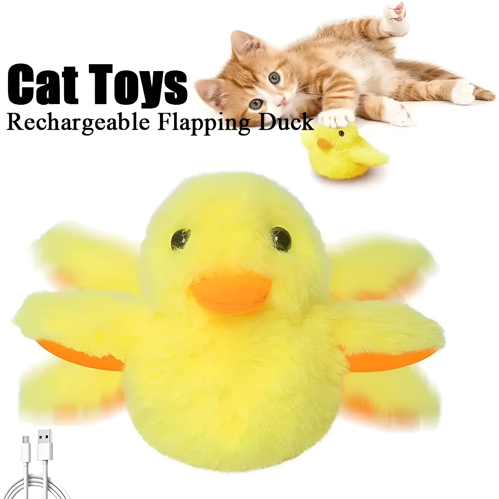 Yellow flapping duck interactive cat toy with vibration sensor and catnip on white background