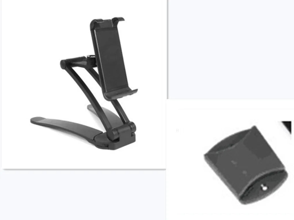 Silver aluminium alloy tablet stand with white mount and adjustable clip on a desktop