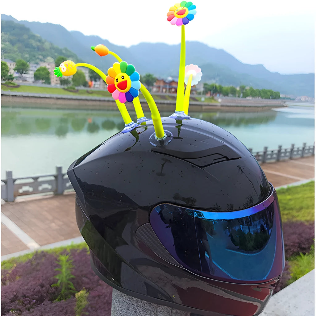 Silicone sunflower helmet decoration with suction cup mount for universal helmet attachment