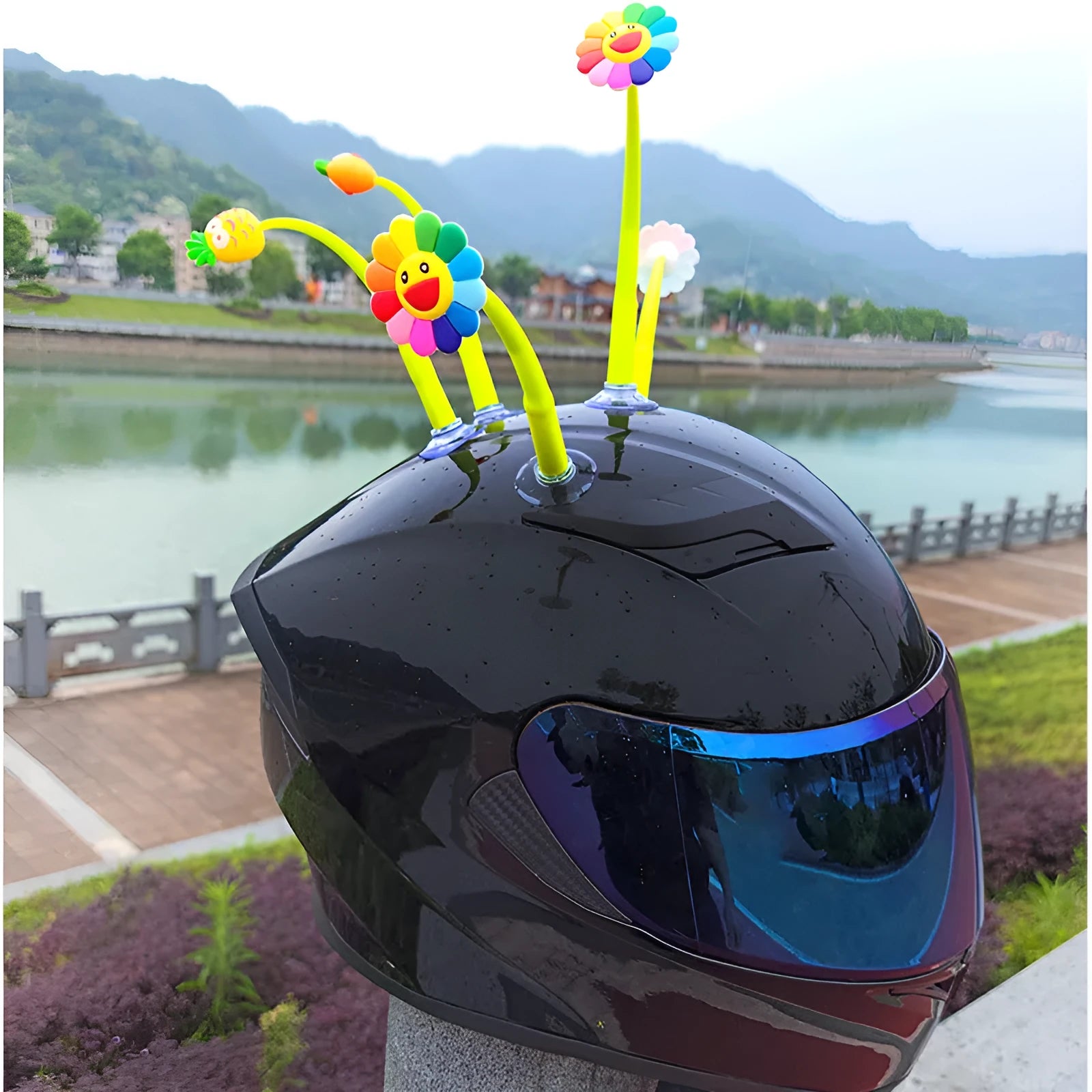 Silicone sunflower helmet decoration with suction cup mount for universal helmet attachment