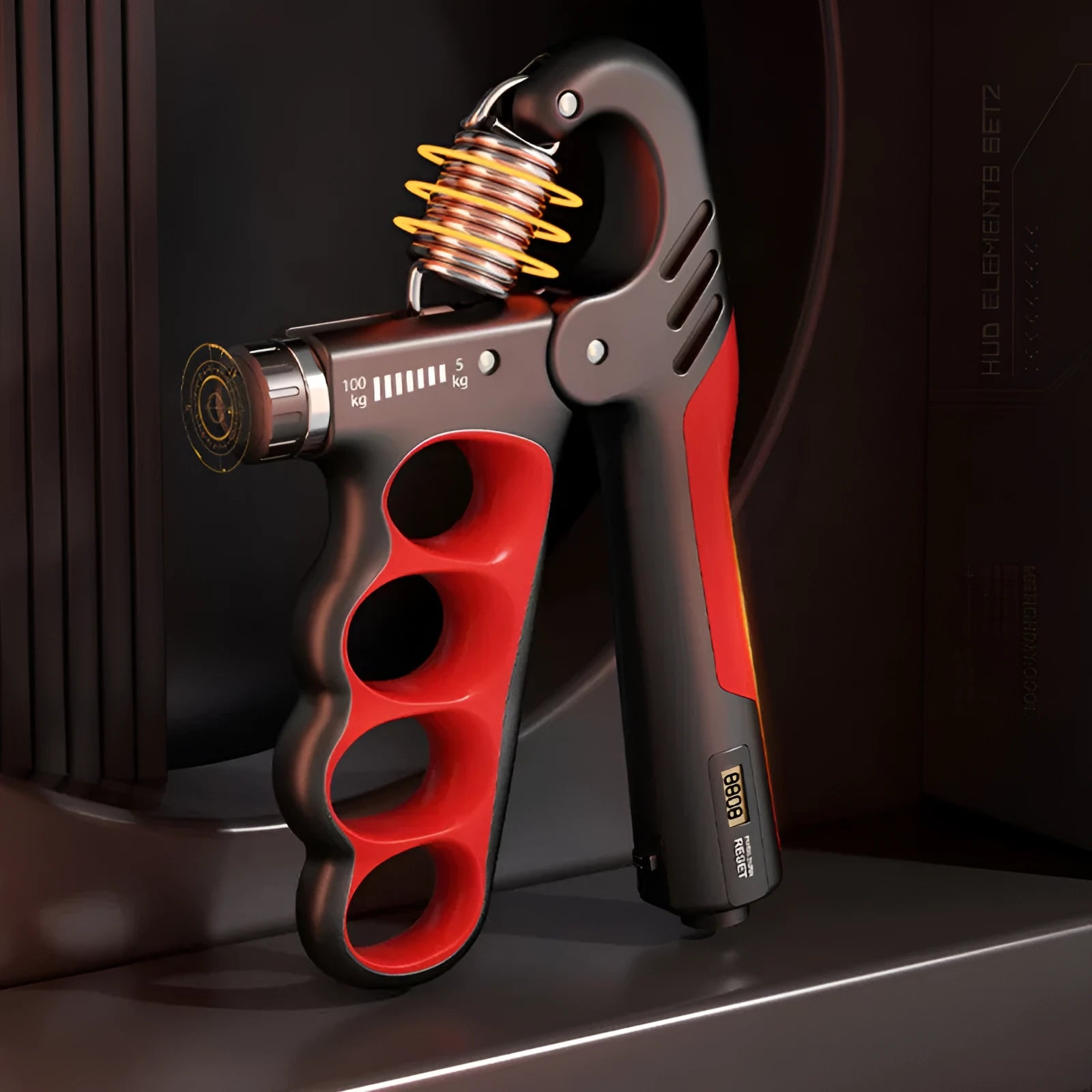 Adjustable spring grip hand exerciser with electronic counter display in orange colour