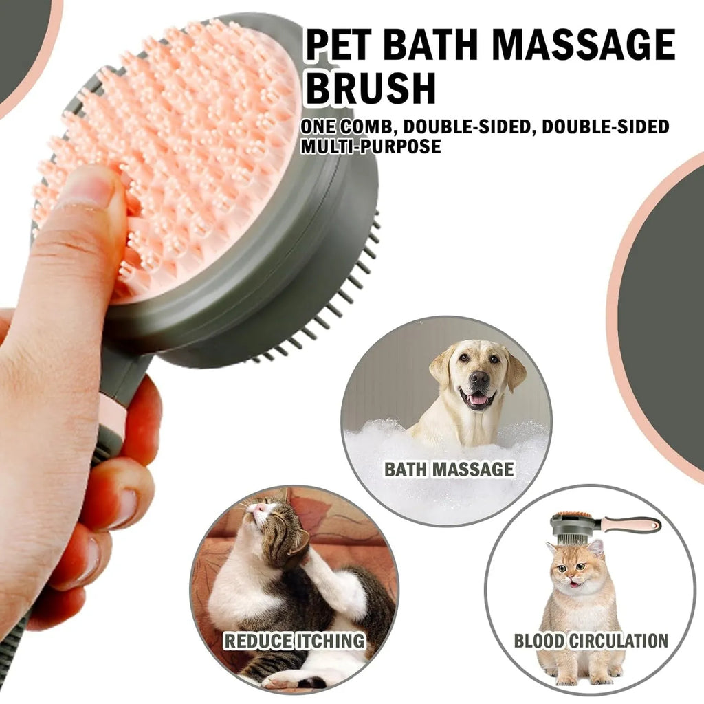 Double-sided cat brush with release button and flea comb in green and pink colour options