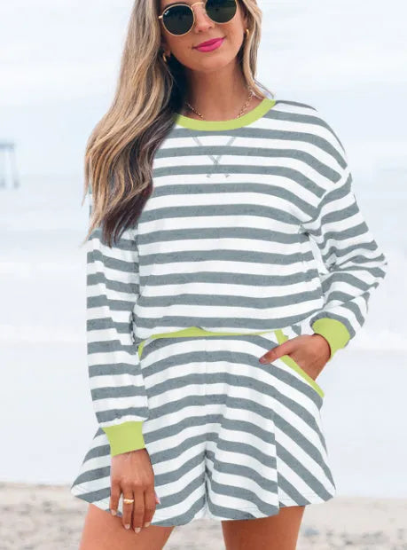 Black stripe loose shorts set with long sleeve blouse and contrast ribbed banding details
