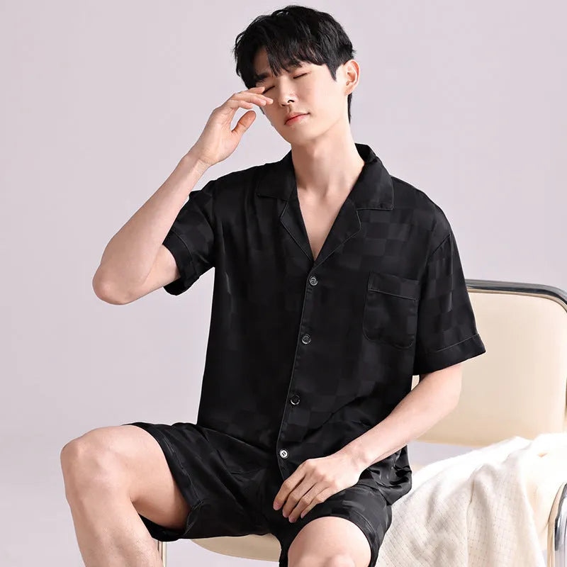 Men's ice silk pajama set in a blue houndstooth pattern, showing cardigan top and shorts.