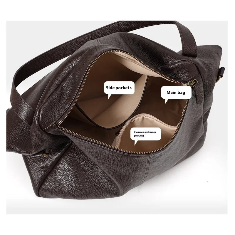 Brown genuine leather women's shoulder bag with horizontal square design