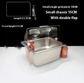 Stainless steel commercial dining plate display box with a removable lid and multiple inner compartments.
