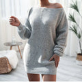 Women's casual off-the-shoulder knitted sweater dress with lantern sleeves in solid colour
