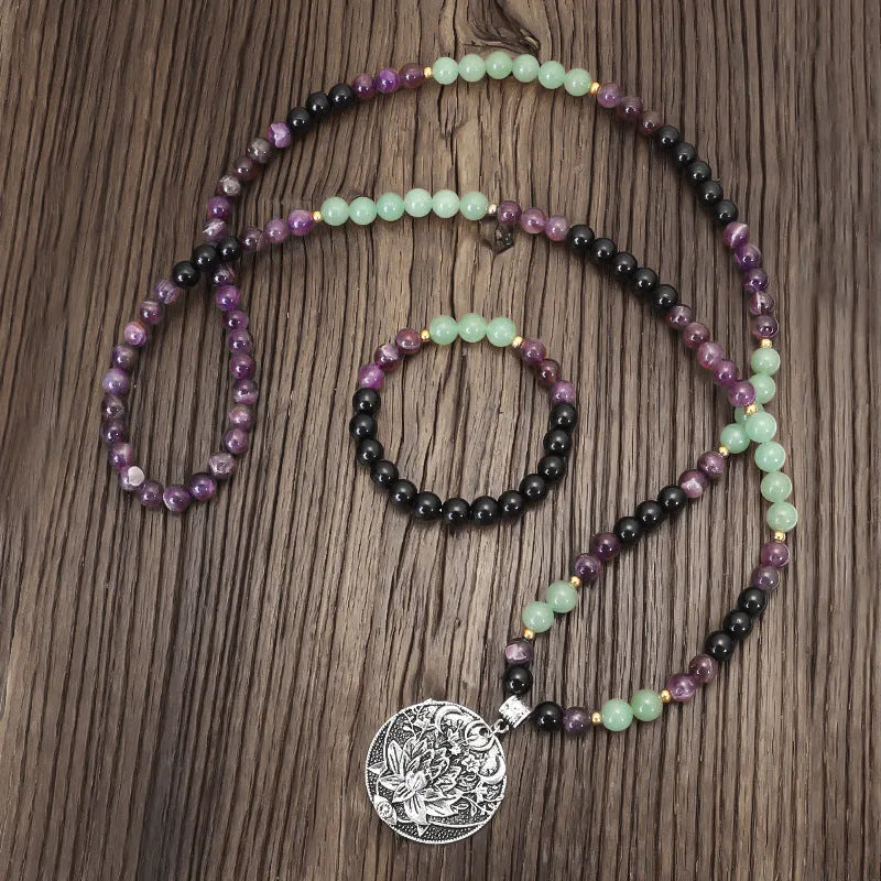 Handmade yoga lotus pendant necklace and bracelet set with stone beads and geometric alloy pendant