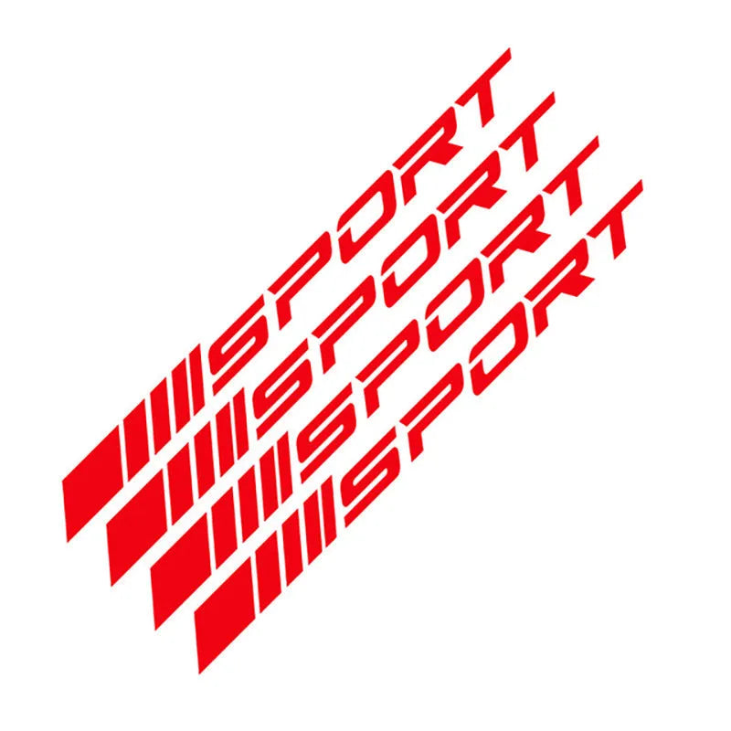 PET car rim stickers with hollow sports design in black, red, and white colours