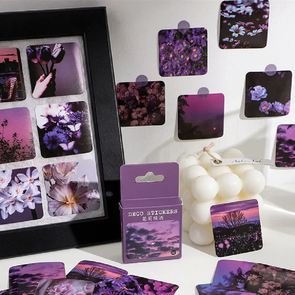 Box of square Nordic style decorative stickers showing six colour themes like Rose Love Letter and Grape Wine.
