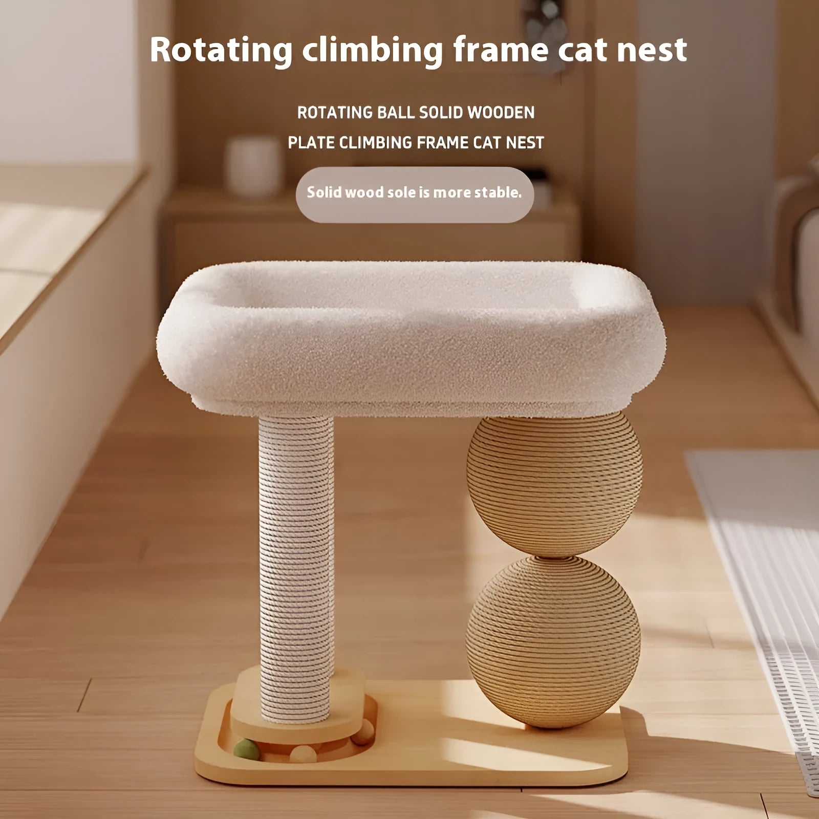 Pine wood cat nest with dual column double grasping balls in sisal style